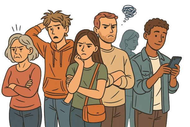 Fila de pessoas aborrecidas esperando atendimento